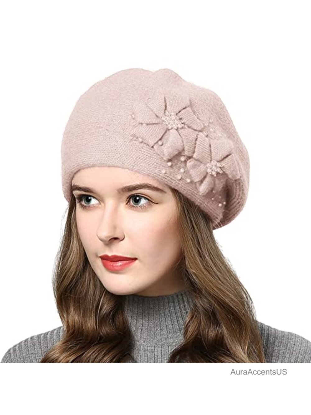 Women's French Beret Hat with Flowers and Pearls Rabbit Hair Blend